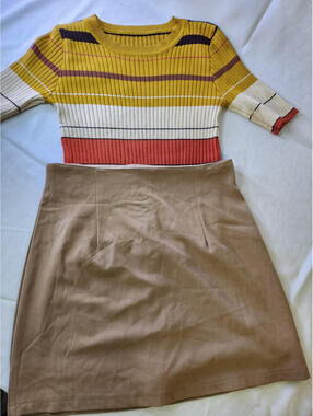 Striped Knit Half Sleeve Top & Beige Skirt Set Women Yellow Ribbed Stretch